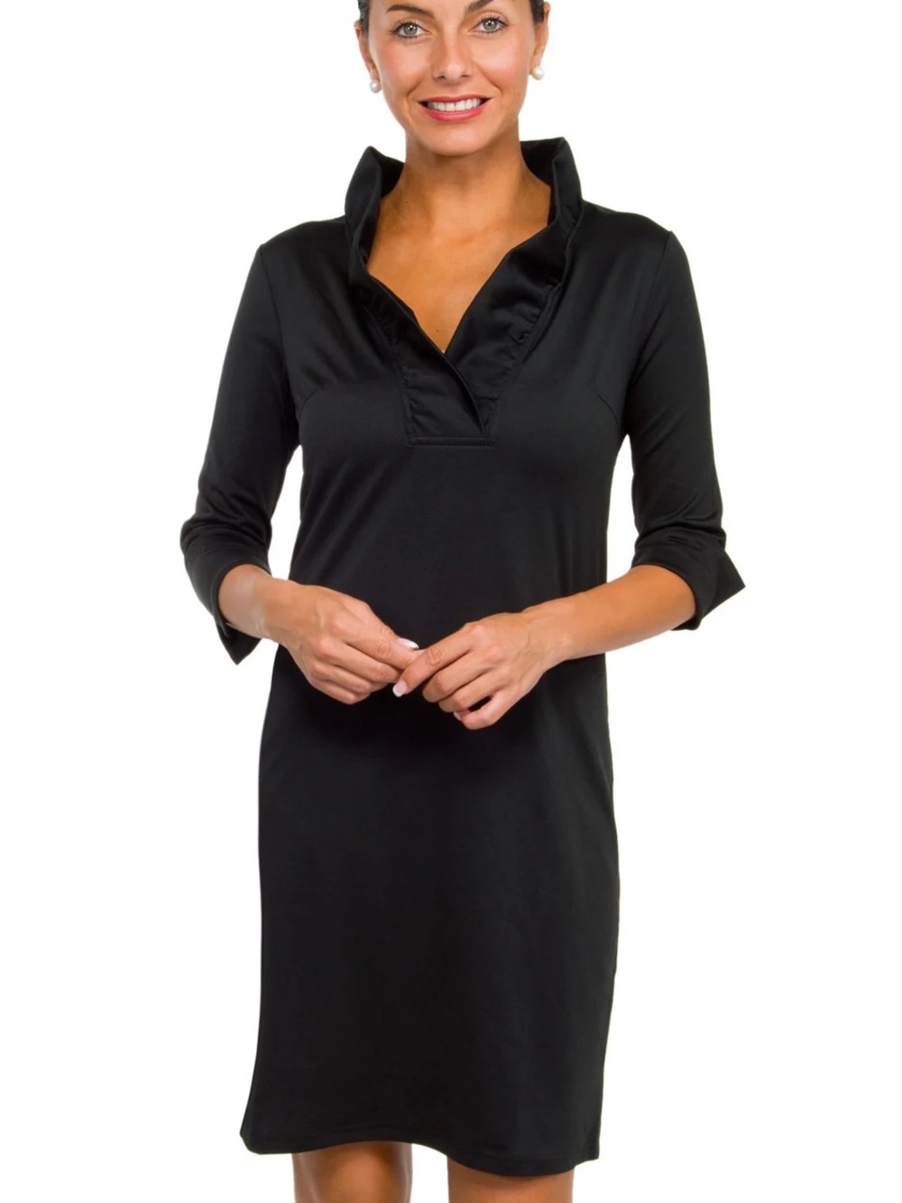 Gretchen Scott Ruffle Collar Tunic Dress Black Pink Accent 3/4 Sleeve Size XL